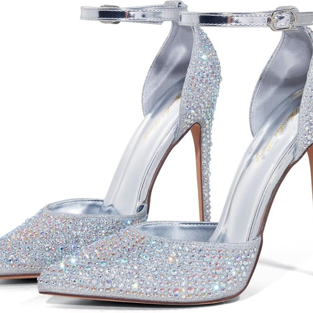 Women High Heels Pumps D'Orsay Ankle Strap Pointed Toe Stiletto Shoes